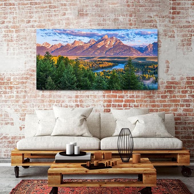 AIYISU Grand Teton Mountain Wall Art Sunset Nature National Park Posters Oxbow Bend Snake River Landscape Wall Decor Wyoming Scenery Painting Artwork for Living Room Office Home Decoration 30x60