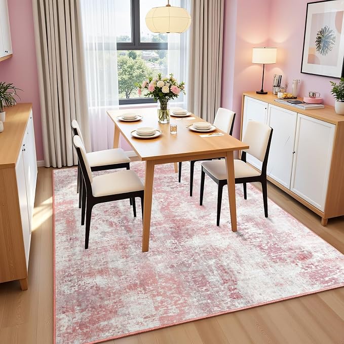Macgace Washable Abstract Rug, 5x7 Modern Area Rugs with Non-Slip Rubber Backed for Living Room, Thin but Soft Contemporary Carpet Kitchen Bedroom Dining Room Decor, Pink