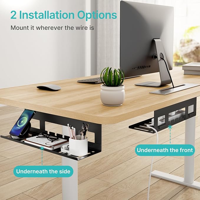 Under Desk Cable Management Tray, 15.7'' Screw-Mount Steel Rack | Metal Cord Organizer for Power Strips, Chargers, Reversible Installation, Effortless Wire Management for Home Office, Black