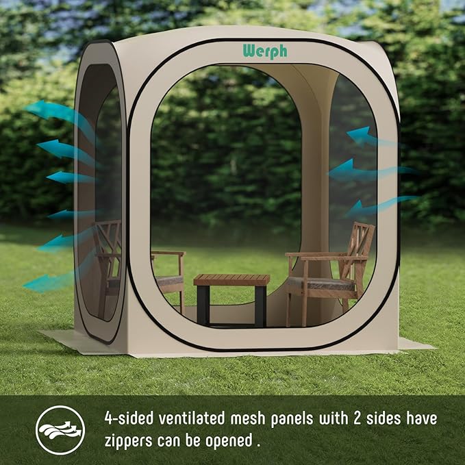 Werph 6x6 Pop-Up Screen Tent, Mosquito Net Gazebo, UV Resistant, Beige | Roof Waterproof Screen Canopy, Quick Setup Outdoor Shelter for Backyard, Patio, Garden, Picnic, Camping and Events