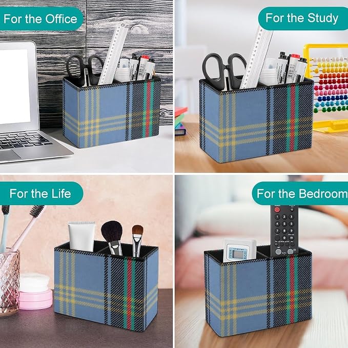 BELL OF THE BORDERS TARTAN PU Leather Pen Holder Desk Organizer, 2-Compartment Pencil Container for Office, Home, Vanity Use