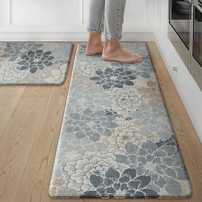 GENIMO Anti Fatigue Kitchen Mats for Floor 2PCS, Cushioned Standing Mats | 17.3"x47"&17.3"x30", Light Blue vintage floral rug set, waterproof, non slip, easy-clean for farmhouse
