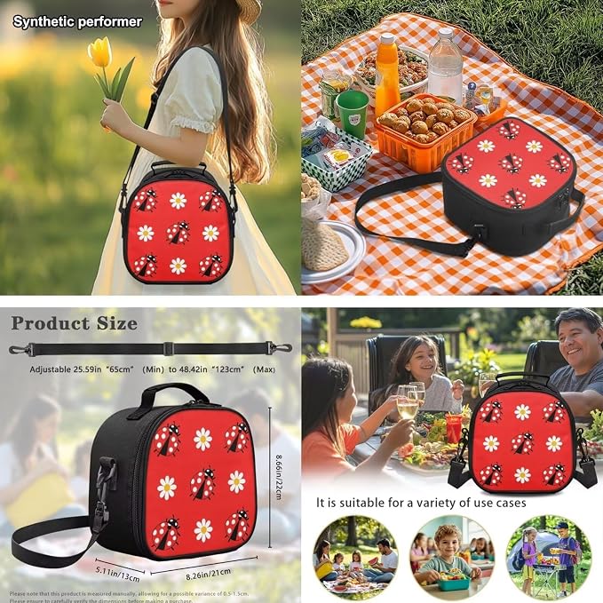 Ladybug Girls Backpack Set 4 PCS, 17 Inch Daisy Floral School Bag with Insulated Lunch Bag for Elementary Kids Ages 6-8 Back to School Gift, Red Back Packs