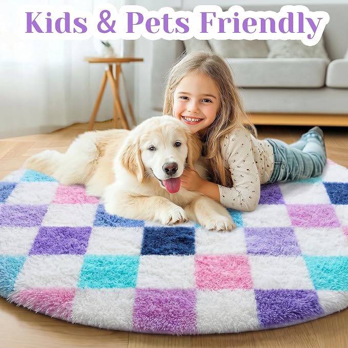 KICMOR Purple Rainbow Round Rug for Bedroom Girls, Cute Fluffy Soft 4ft Circle Area Rug Small Fuzzy Shag Shaggy Living Room Carpet, Circular Checkered Rug for Kids Room Home Decor Aesthetic, Nursery