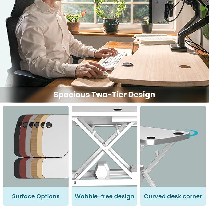 VERSADESK PowerPro 40 Inch Electric Standing Desk Converter – Push-Button Height Adjustable Sit to Stand Desk Riser for Triple Monitors & Laptop – Motorized Desktop Workstation with Wide Keyboard Tray