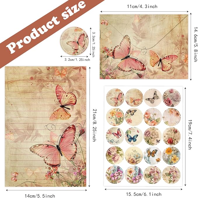 Stationery Paper Envelopes Set 160 Pcs - 50 Lined Writing Paper, 50 Envelopes, 60 Dot Stickers, Vintage/Floral/Leaf/Watercolor Multi-Style Options (STATIONERY-160PCS-VINTAGE)