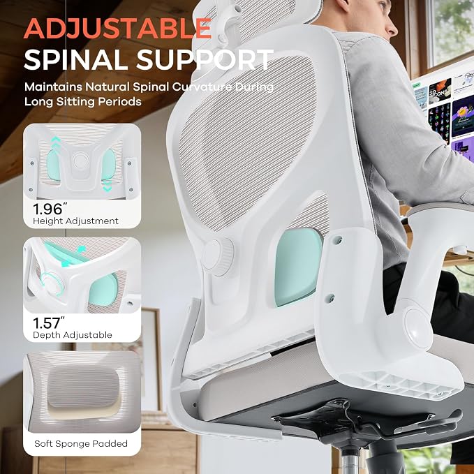 Office Chair,Ergonomic Mesh Computer Desk Chair,Grey | 2D Adjustable Lumbar Support,3D Headrest,Adjustable & Flip-Up Armrests,Rolling,Tilting,Swivel,High Back,Executive PC Chair