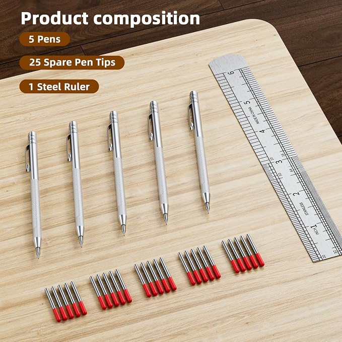 GCHMDE 5-Pack Tungsten Carbide Scriber, Metal Scribe Tool with 25 Replacement Marking Tips & Steel Ruler - Knurled Aluminum Handle & Magnet, Engraving Pen for Glass/Ceramics/Metal Sheet (5)
