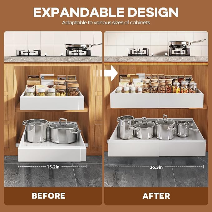 Seinloes 4 Pack Expandable Width (15.15"-26.3") Pull Out Cabinet Organizer 21" Deep with Raising Pad for Framed Cabinets, Upgrade 3 Slide Rails Slide Out Drawers, Roll Out Shelves Adhesive, White