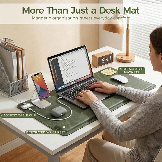 Magnetic Desk Mat System with Wrist Support 80×40cm, Premium Leather Desk Pad with Magnetic Accessories, Waterproof Non-Slip Desk Organizer for Office & Gaming
