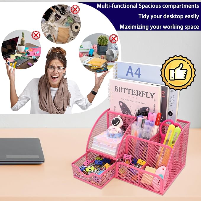 Boutilon Mesh Desk Organizer Desktop Office Supplies Stationary Organizer with 6 Compartments and 1 Drawer Multi-Functional Caddy Pen Holder for Home Office School Desk Decor(Rose Red)