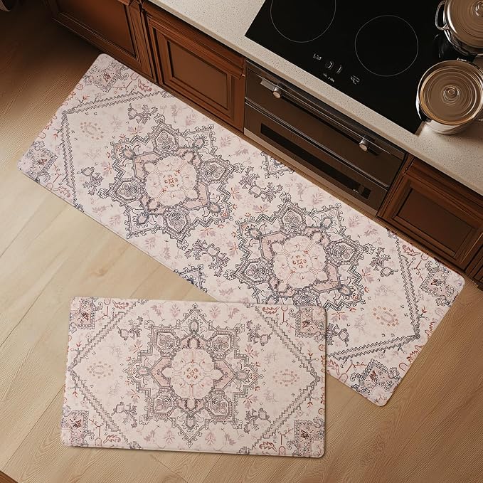 FRESHMINT Boho Kitchen Mat Set 2 Piece, 17x30''+17x47'', Natural Beige | Anti-Fatigue, Non Slip, Comfort, Kitchen Decor, Easy to Clean, Waterproof, Perfect for Kitchen, Laundry, Office
