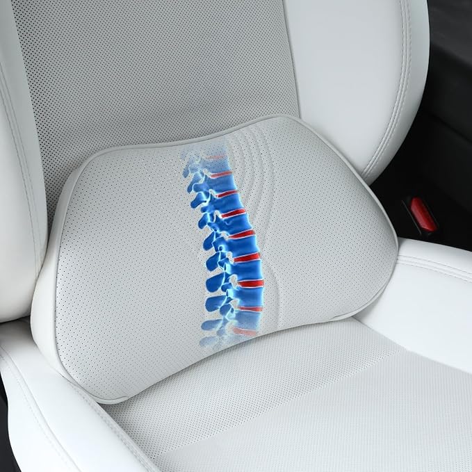 Lumbar Support Pillow for Car Seat, Office Chair, White, 1PC | Leather Lumbar Pillow Memory Foam Lower Back Cushion for Back Pain Relief Improve Posture, Ergonomic Back Rest Gaming Chair