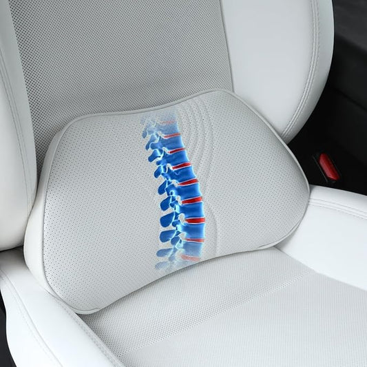 Lumbar Support Pillow for Car Seat, Office Chair, White, 1PC | Leather Lumbar Pillow Memory Foam Lower Back Cushion for Back Pain Relief Improve Posture, Ergonomic Back Rest Gaming Chair