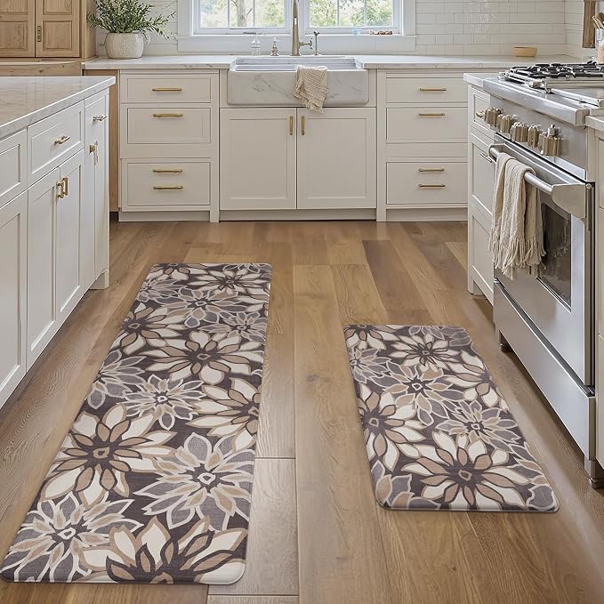 GENIMO Anti Fatigue Kitchen Mats for Floor 2PCS, Cushioned Standing Mats | 17.3"x59"&17.3"x30", Deep Brown vintage floral rug set, waterproof, non slip, easy-clean for farmhouse