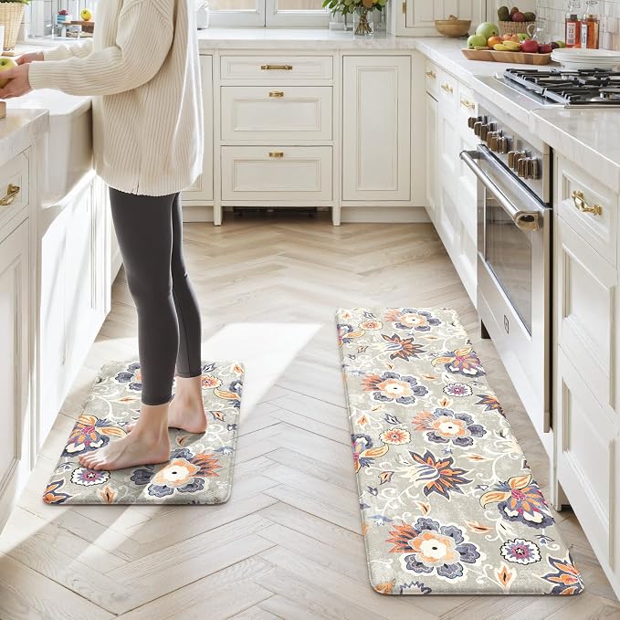 LEEVAN Anti Fatigue Kitchen Mats for Floor, Cushioned Kitchen Mat Set 2PCS | 17.3"x29"+17.3"x59", Boho Floral Blue Gray Kitchen Rugs Non-Slip, Waterproof Ergonomic Standing Mat for Laundry, Office, Sink