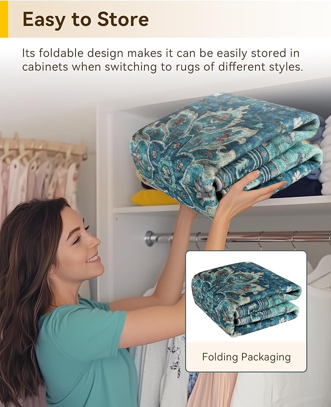 RELEANY Area Rugs Round 8ft Washable Non-Slip, Floral Vintage Distress Medallion Carpet for Living Room Bedroom Dining Room, Teal Green Lake Blue Turquoise