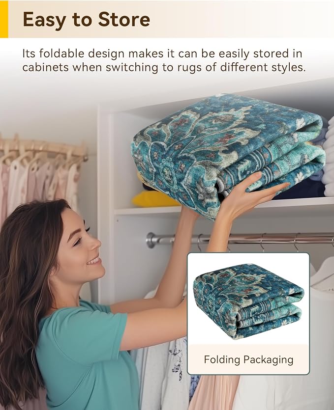 RELEANY Area Rugs Round 5ft Washable Non-Slip, Floral Vintage Distress Medallion Carpet for Living Room Bedroom Dining Room, Teal Green Lake Blue Turquoise