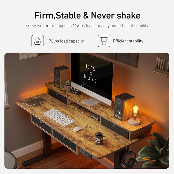FEZIBO 48'' x 24'' Electric Standing Desk with 4 Storage Drawers, Adjustable Height Computer Table with Monitor Shelf, Stand Up Desk for Study, Gaming, Workstation, Rustic Brown Top