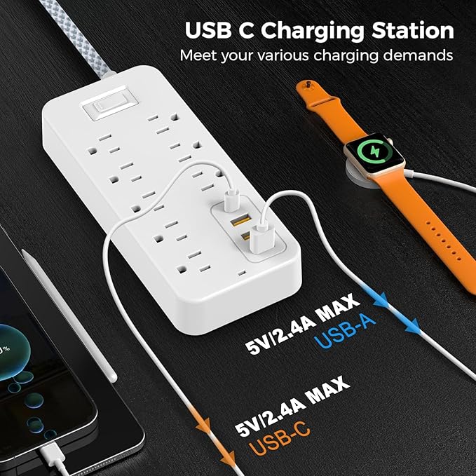 Power Strip Power Bar, Muti-Outlets Ports Desktop Charging Station, Flat Plug Overload Surge Protection Outlet Strip, USB Ports, Extension Cord, Wall Mount, Night Light Station Socket,for Home,Office