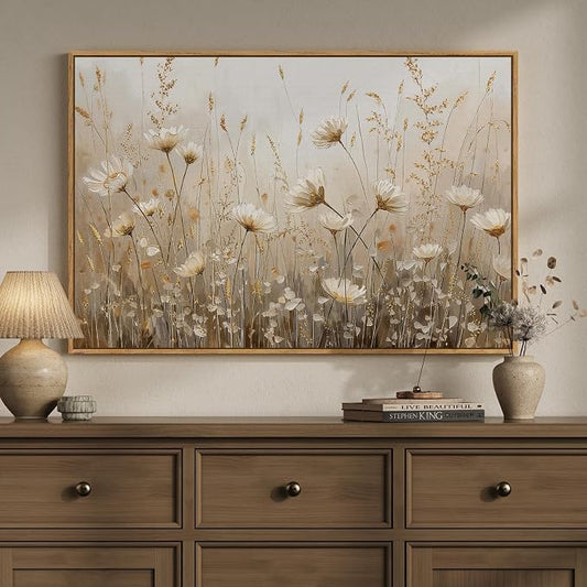 Framed Vintage Floral Wall Art, Neutral Rustic Botanical Flower Market Canvas Artwork for Modern Farmhouse, White Gold Wildflower Painting Prints for Living Room Bedroom Kitchen Dining Room, 24x36 In