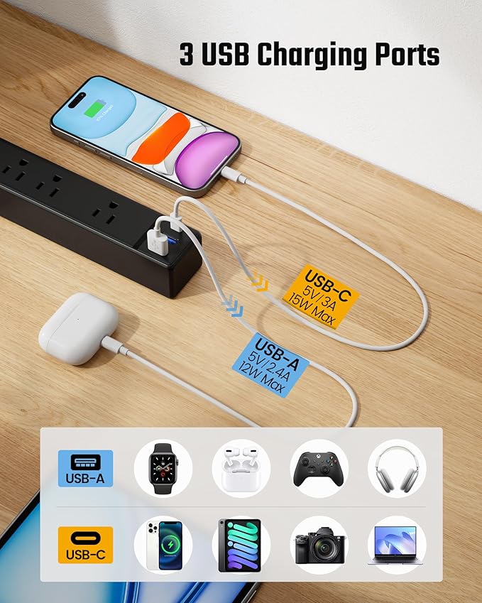 SUPERDANNY Flat Plug Surge Protector Power Strip, 6ft Ultra Thin Extension Cord with 3 USB (1 USB C Port), 6 Outlets Charging Station, Wall Mountable Outlet Extender for Home Office, College Dorm Room