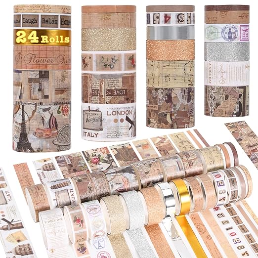 24 Rolls Vintage Washi Tape Set, Floral Decorative Masking Tape for Scrapbooking Supplies,Junk Journal,DIY Art Crafts,Planners and Gift Wrapping(Retro Medieval Series)