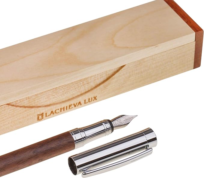 LACHIEVA LUX Walnut Fountain Pen, German Fine Nib, Smooth Ink Flow, Wooden Gift Box with Converter & 2 Cartridges, Fancy Pen for Men and Women