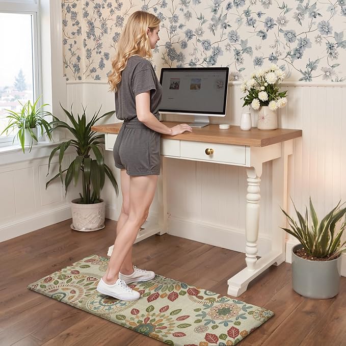 GENIMO Anti Fatigue Kitchen Mats for Floor 2PCS, Cushioned Standing Mats | 17.3"x47"&17.3"x30", Beige Red vintage floral rug set, waterproof, non slip, easy-clean for farmhouse