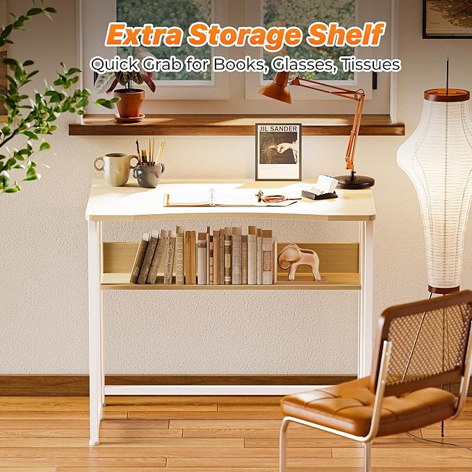 Huuger Folding Desk with Storage Shelf, 31.5 Inch Foldable Computer Table for Small Spaces, Space Saving Sofa Table for Couch, Writing Work Office Computer Desk, Easy to Fold, Oak