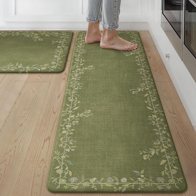 GENIMO Anti Fatigue Kitchen Mats for Floor 2PCS, Cushioned Standing Mats | 17.3"x59"&17.3"x30", Soft Green vintage floral rug set, waterproof, non slip, easy-clean for farmhouse
