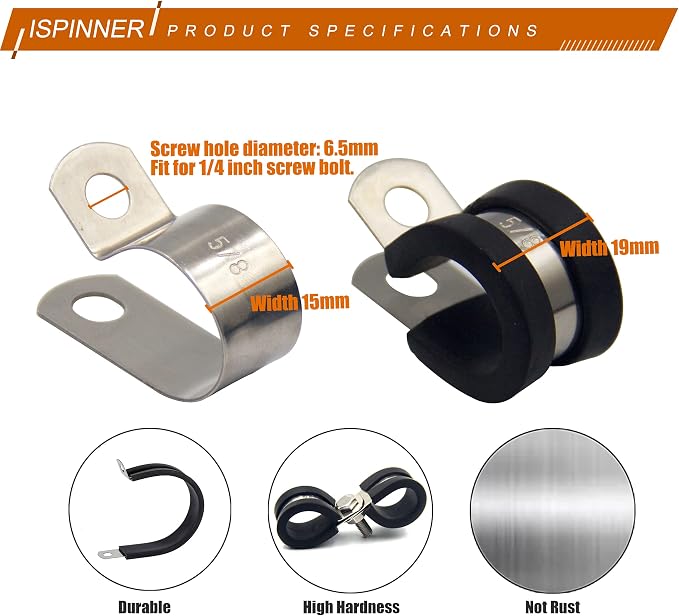 ISPINNER 52pcs Cable Clamps Assortment Kit, 304 Stainless Steel Rubber Cushion Pipe Clamps in 6 Sizes 1/4" 5/16" 3/8" 1/2" 5/8" 3/4"