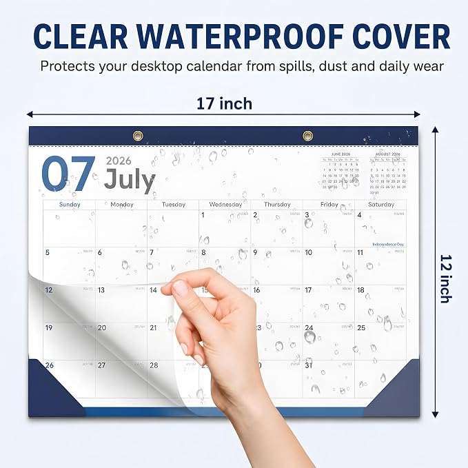 Desk Calendar 2026-2027 - Ougesi 18 Month Desk Top Calendar July 2026 - Dec 2027,17x12 Academic Desk Calendar with Thick Paper, Large Blocks, Stickers for Home & Office Navy