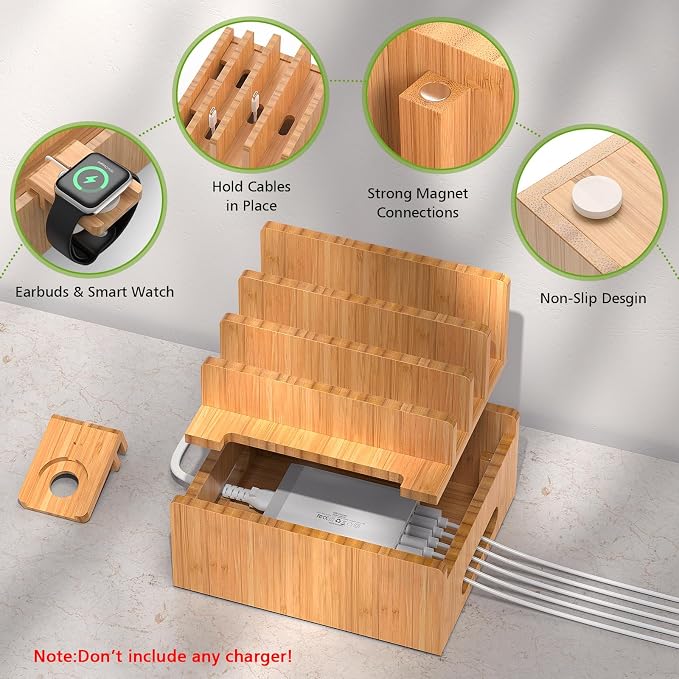 Pezin & Hulin Bamboo Charging Stand, Dock Organizer for Multi Devices, Cell Phone, Tablets, Smart Watch, with Pack 5 Cables, No Power Charger Block | Dock Organizer for Multi Devices, Cell Phone, Tablets, Smart Watch, No Power Charger Block