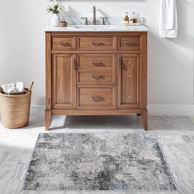 RUUGME Washable Abstract Rug 2x3:Living Room Large Vintage Area Rug Soft Indoor LowPile Carpet Bedroom, Dining Room Non-Slip Backing Stain Resistant Distressed Floor Dec Machine Washable Mat 2X3 Blue