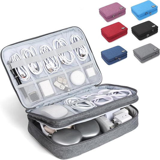 Large Electronic Organizer Travel Case, Double Layer Tech Accessories Bag with 3 DIY Adjustable Dividers, Waterproof Padded Cable Storage Pouch for Camera Gear, Power Bank, Hard Drive, Mouse