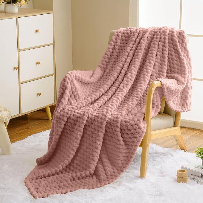 Vessia Flannel Fleece Twin Size Blanket(60x80 inch), 3D Jacquard Pink Fuzzy and Warm Blanket for Couch,Sofa,Bed,Chair, 300GSM Super Soft Touch Cozy Lightweight Home Decor for All-Season