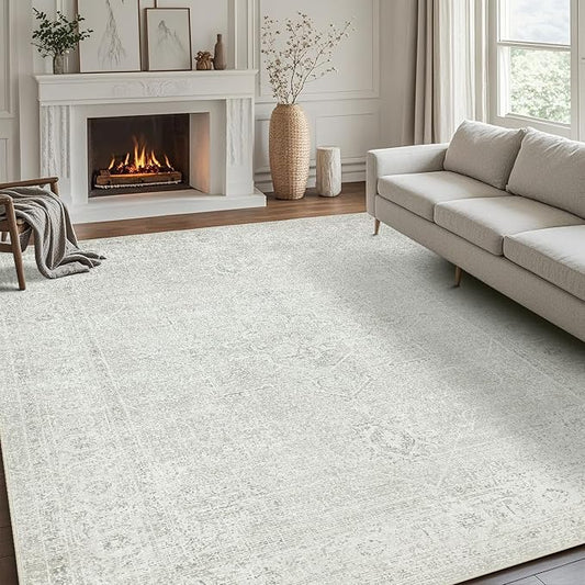 Srugn Washable Rugs 6x9 Area Rugs for Living Room,Bedroom,Large Carpets,Ultra Soft Faux Wool Retro Dining Room Rug,Non Slip&Non-Shedding Low Pile Vintage Rugs for Home Office,Concrete Grey