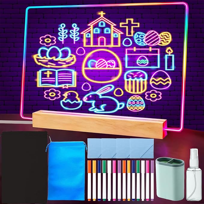 13 x 9 Inch LED Drawing Writing Lumi Board with Colors, Clear Acrylic Light Up Desk Table Dry Erase Message Memo Note Board with Stand (Colorful, Large)