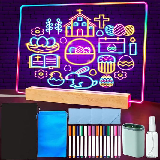 13 x 9 Inch LED Drawing Writing Lumi Board with Colors, Clear Acrylic Light Up Desk Table Dry Erase Message Memo Note Board with Stand (Colorful, Large)