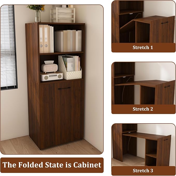 Walnut Murphy Desk with Storage Shelves, Wood Folding Desks for Small Spaces, Expandable Hideaway Computer Desk, Space Saving Pull Out Study Table for Bedroom Apartment (Walnut,)