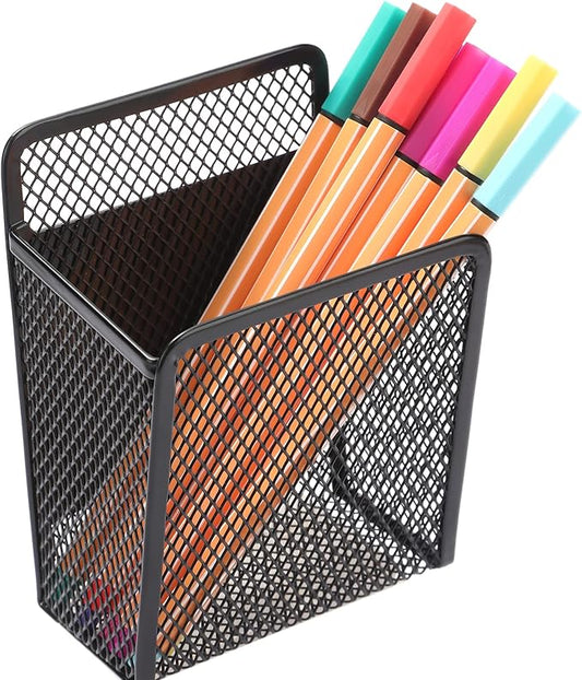 Magnetic Pencil Holder - Extra Strong Magnets Mesh Marker Holder Perfect for Whiteboard, Refrigerator and Locker Accessories (1 Baskets, Black)