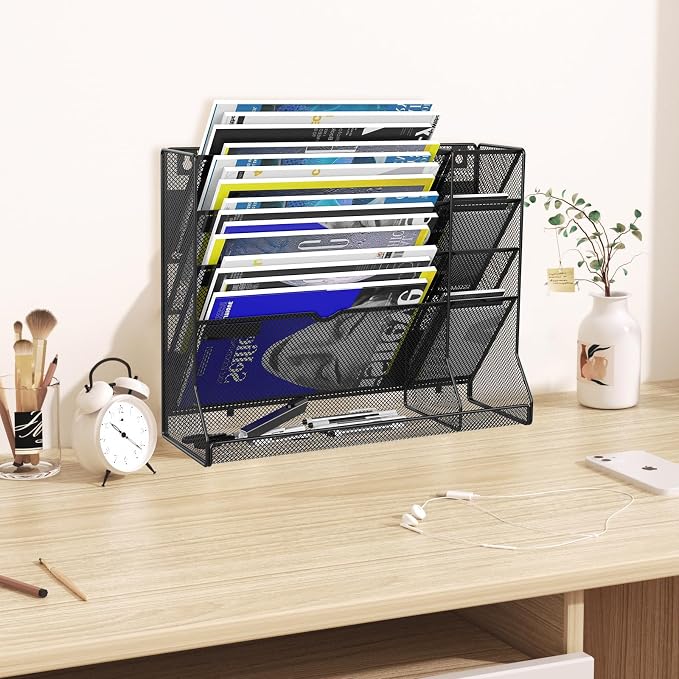 Magnetic File Holder, Magnetic File Organizer, 5-Tier Wall Organizer for Office with 4 Pen Slots, Vertical Hanging File Folder Holder with R-shaped Bottom Tray, Organization for Workspace