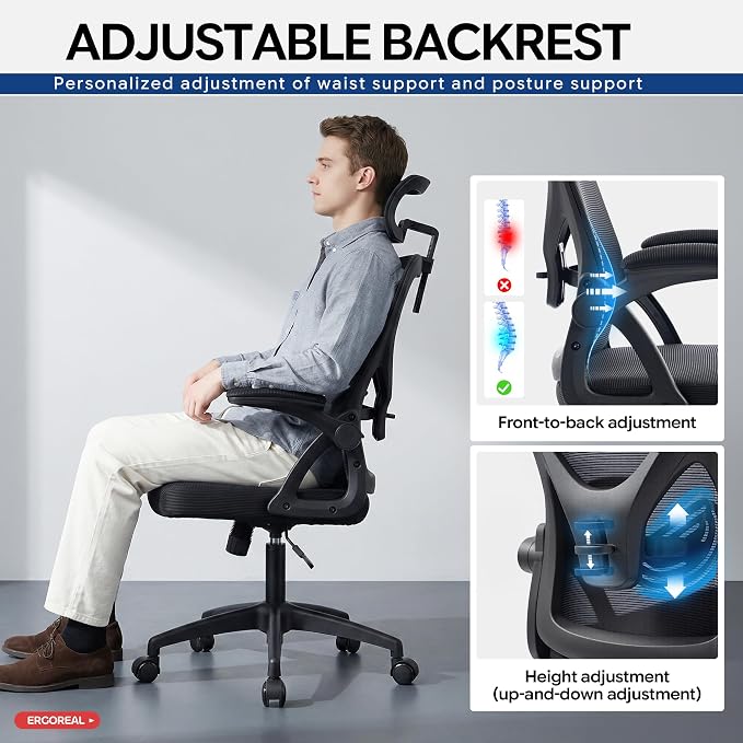 Ergonomic Office Chair–Mesh Computer Chair with Adjustable Lumbar Support, 2D Headrest, Foldable Armrests & Class 3 Gas Lift–Comfortable Home Office Desk Chair for Long Sitting, 400 lbsBlack
