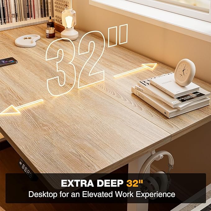 Grandder 55x32 Large Electric Standing Desk, Height Adjustable Computer Desk with 2 Memory Presets, 31.5" Deep Desktop Sit Stand Desk Home Office Desk Workstation Table with Hooks, Maple