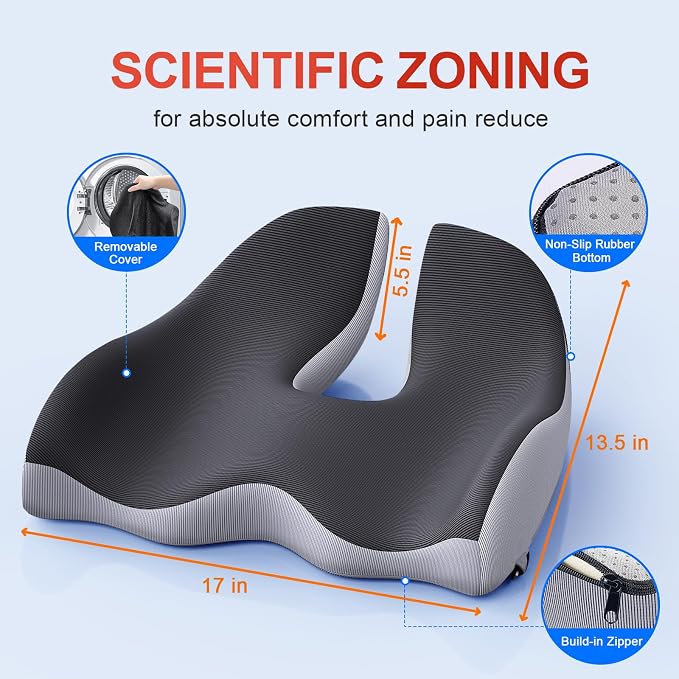 Benazcap XL Ergonomic Seat Cushion Relieves Sciatica & Tailbone Pain | Memory Foam cushion, washable cover & anti-slip base, long-sitting pad for office, gaming and car seats Black & Grey