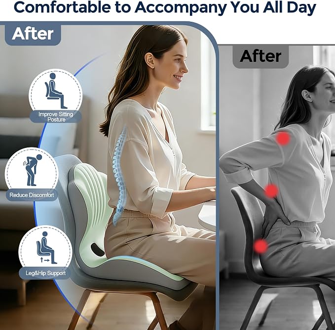 Seat Cushion for Office Chair Car, L-Shaped Ergonomic Seat Cushions,Memory Foam Orthopedic Cushion with Coccyx Hollow,Lumbar Support & Tailbone Pain Relief for Car, Truck, Home,Green & Gray