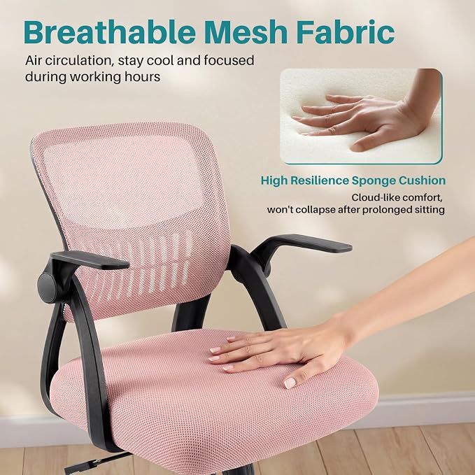 OLIXIS Ergonomic Office Desk Chair, Executive Mid-Back Computer Chair with Comfortable Lumbar Support & Rocking Mode, Height Adjustable with Flip-up Armrest, 360° Swivel, for Adults, Pink