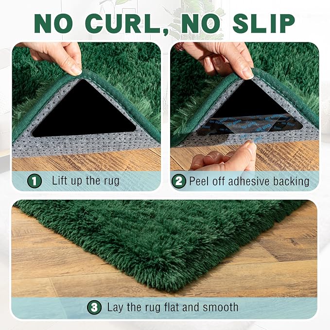 4x6 Area Rug for Bedroom, Green Rugs for Living Room Nursery Kids Room Dorm Home Decor Aesthetic, Fluffy Shaggy Rug with 4 Anti-Slip Carpet Tapes, Dark Green