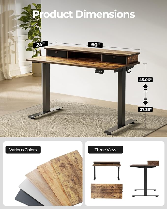 FEZIBO 60 x 24 Inch Height Adjustable Electric Standing Desk with Double Drawer, Stand up Home Office Computer Desk with 4 Height-Adjustable Feets & 2 Hooks, Rustic Brown